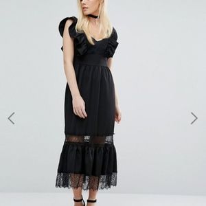 Deep V Dress in Satin and Lace Ruffle ASOS